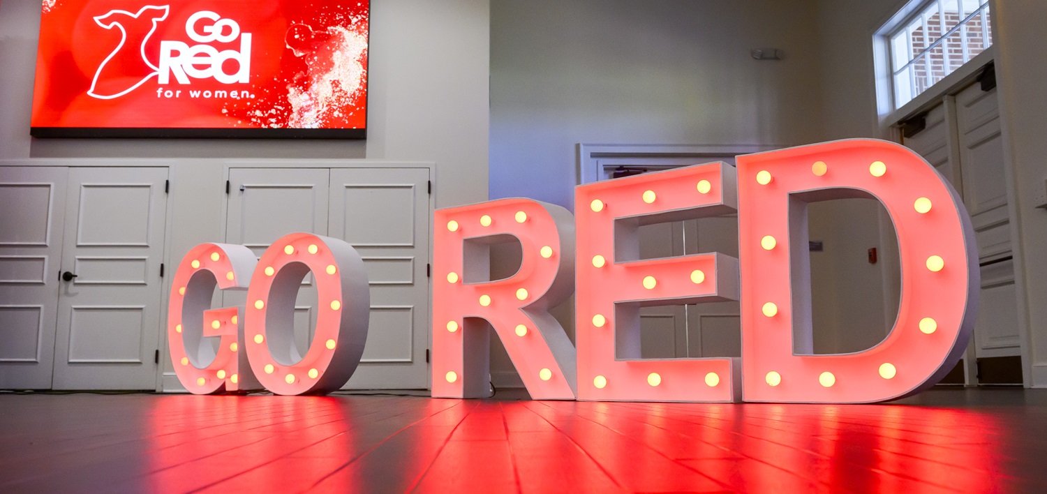 Giant lighted letters spelling out Go Red.